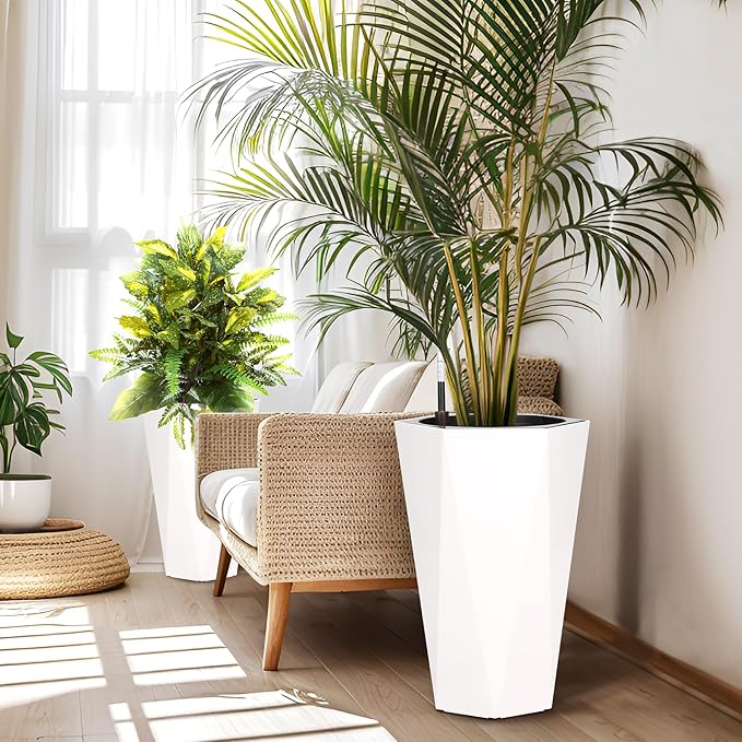 GarveeLife 22.5 in Tall Diamond Planters Set of 2, Self Watering Planters with Water Level Monitor, Flower Pots Outdoor and Indoor for Patio, Porch, Living Room, Home Office, White