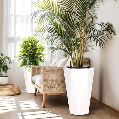 GarveeLife 22.5 in Tall Diamond Planters Set of 2, Self Watering Planters with Water Level Monitor, Flower Pots Outdoor and Indoor for Patio, Porch, Living Room, Home Office, White