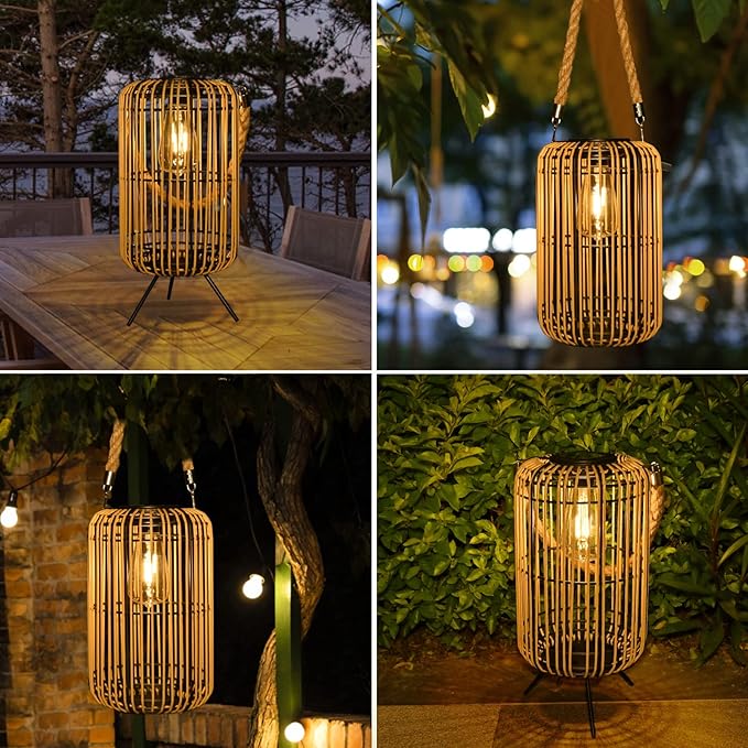 Livinlarge Solar Lantern Outdoor Waterproof,Large Rattan Lantern Outdoor Hanging with Handle,Bright Solar Lights with Edison Bulb for Garden Patio Yard Tabletop Decoration