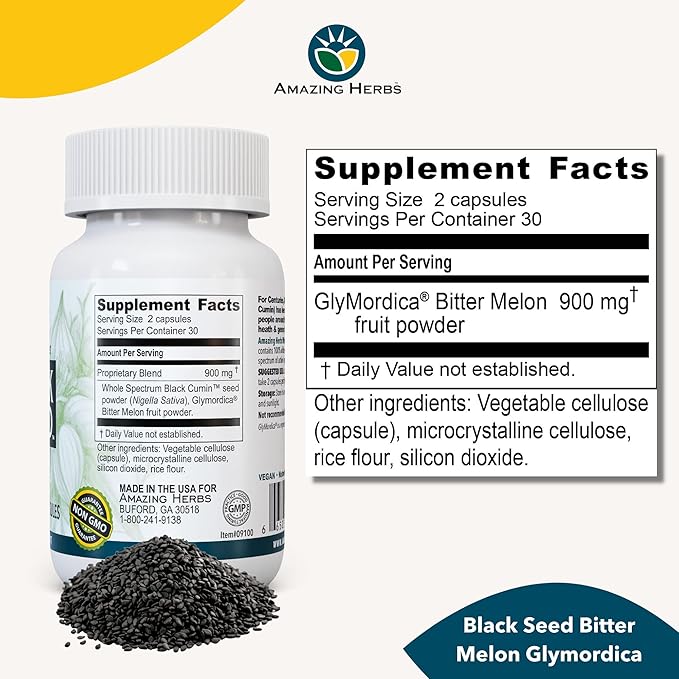 Amazing Herbs Black Seed with GlyMordica Bitter Melon - Premium Nigella Sativa and Momordica Charantia, Non-GMO & No Preservatives, Promotes Health & Wellness - 60 Count