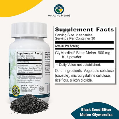 Amazing Herbs Black Seed with GlyMordica Bitter Melon - Premium Nigella Sativa and Momordica Charantia, Non-GMO & No Preservatives, Promotes Health & Wellness - 60 Count