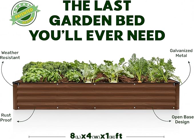 Plant & Plot Galvanized Raised Garden Beds Outdoor // 8×4×1 ft Planter Raised Beds for Gardening, Vegetables, Flowers (Dark Wood Grain) // Large Metal Garden Box // Patented Tool-Free Design