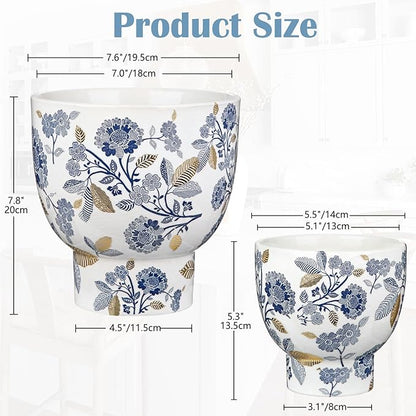 7.6/5.5 Inch Decorative Flower Pots, Blue and White Plant Pot Gold Accent Ceramic Planters for Indoor Plants Pots with Drainage Retro Planter Pot for Succulents Cactus Herb Snake Plants Outdoor Garden