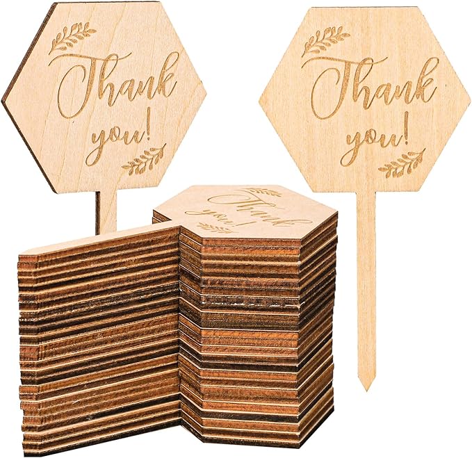 30Pcs Thank You Plant Labels Baby Shower Hexagon Wooden Plant Stakes Gift Succulent Garden Marker Plant Sign for Seed Potted Teacher Appreciation Thanksgiving Supplies