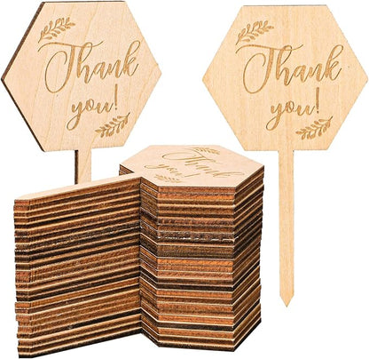 30Pcs Thank You Plant Labels Baby Shower Hexagon Wooden Plant Stakes Gift Succulent Garden Marker Plant Sign for Seed Potted Teacher Appreciation Thanksgiving Supplies