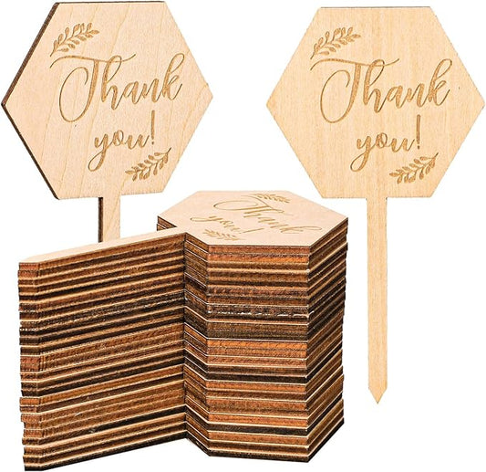 30Pcs Thank You Plant Labels Baby Shower Hexagon Wooden Plant Stakes Gift Succulent Garden Marker Plant Sign for Seed Potted Teacher Appreciation Thanksgiving Supplies