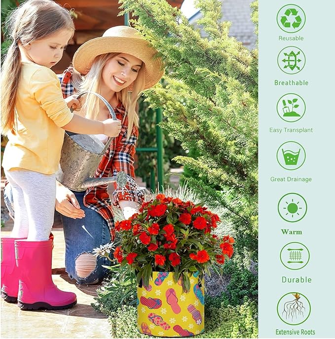 3/5/7/10 Gallon Summer Colors Flip-Flops Breathable Thickened Flower Grow Bag Heavy Duty Plant Pot Containers with Handles for Potato Tomato Fruits Vegetables