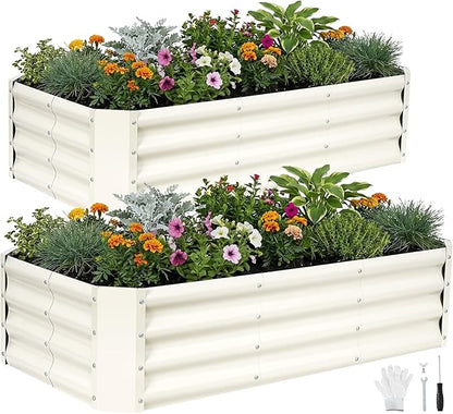 INNO STAGE 2Pcs Galvanized Raised Garden Bed Kit, 4x2x1FT Metal Raised Garden Beds for Vegetables, Rust-Resistant & Easy Assembly, Outdoor Raised Beds for Gardening, Flowers, Herbs (White)