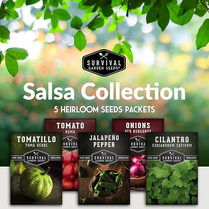 5 Variety Salsa Garden Seed Kit – Seeds for Planting Tomato, Tomatillo, Onion, Jalapeño & Cilantro | Non-GMO Heirloom Collection by Survival Garden Seeds