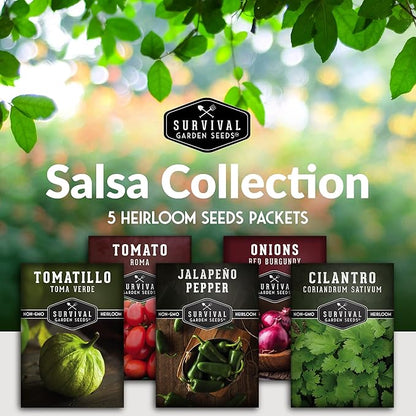 5 Variety Salsa Garden Seed Kit – Seeds for Planting Tomato, Tomatillo, Onion, Jalapeño & Cilantro | Non-GMO Heirloom Collection by Survival Garden Seeds