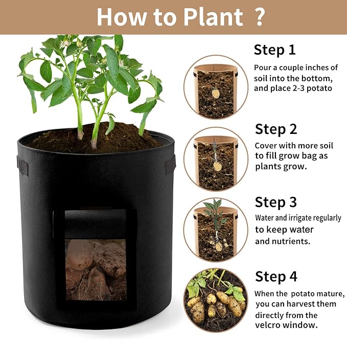Potato Planter Bags 3-Pack 7 Gallons Grow Bags Aeration Tomato Plant Pots with Flap and Handles (Black)