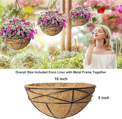 2 Pack 10 Inch Hanging Planters for Outdoor Plants Metal Wire Flower Baskets with Natural Coconut Liners for Garden Planting Decor