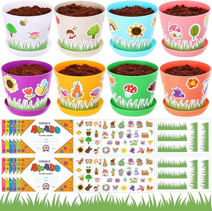 Domensi 12 Pack Garden Pot Craft Kit 4 Inch DIY Spring Crafts for Kids Bulk Plastic Flower Plant Pot Plastic Planter with Tray Drainage Holes with Tag, Certificate of Award, Sticker (Multicolor)