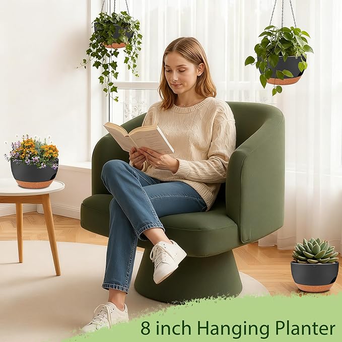Set of 4-8 Inch Self Watering Hanging Planters for Indoor Outdoor，Hanging Plant Pots with Drainage & Removable Tray, Hanging Pots Holder for Ivy, Pothos, Ferns, Balcony & Patio, Black Brown