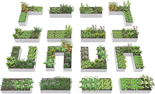 A ANLEOLIFE 16-Piece 18 Inch Tall Galvanized Raised Garden Beds Kit, Rectangular,U-Shaped & L Shaped Metal Planters – Ideal for Backyard Structured Garden Layouts, Antique White