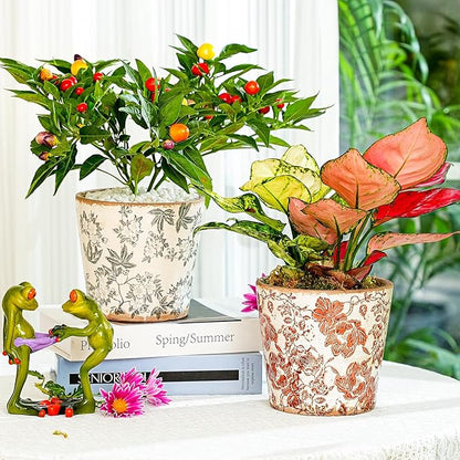 Sungmor Vintage Ceramic Planter Set of 3 - Decorative Indoor & Outdoor Flower Pots with Drainage Holes - Tuscan Décor Pots, 5.5" Ice Crackle Glaze Planters for Home, Kitchen, Patio, and Garden