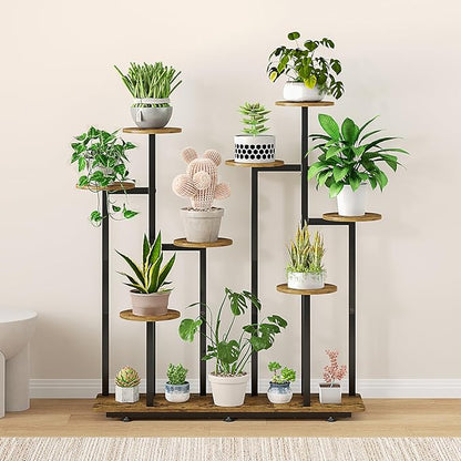 Plant Stand Indoor 9 Tier 11 Potted Multiple Flower Pot Holder for Patio Garden Balcony Living Room Corner (9 Tier Black+Rustic Brown)