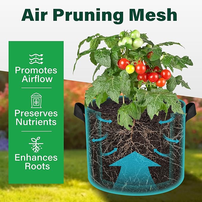 LotFancy 5 Pack 5 Gallon Grow Bags, Thickened Nonwoven Fabric Pots with Reinforced Handles, Heavy Duty 300G Aeration Planter Bags for Vegetables Flowers Fruits, Black