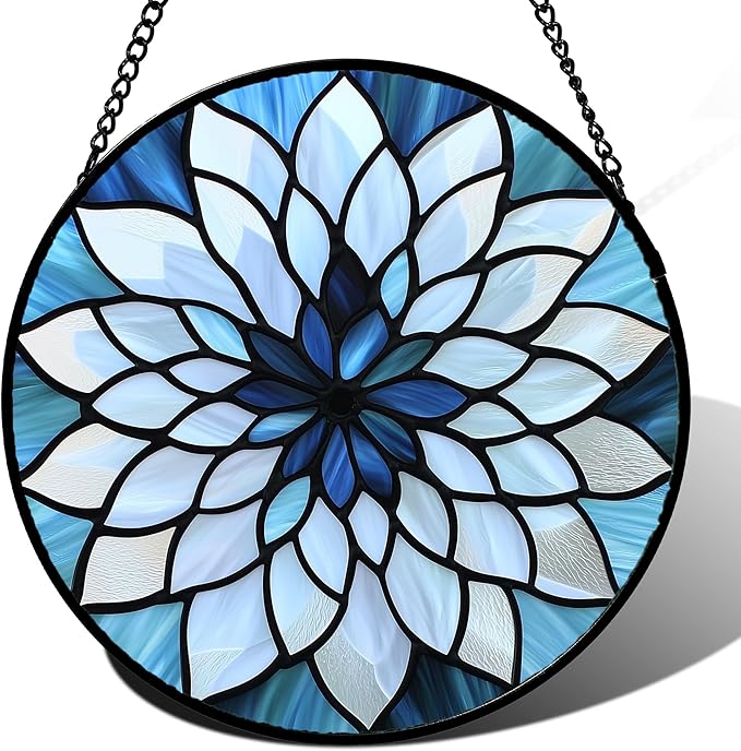 Stained Glass Suncatcher, Blue White Multi-Petal Flowers Sun Catcher Landscape Stain Glass Window Hanging Decoration Mother's Day Birthday Gifts for Women Men Mom Nana 11.8 in