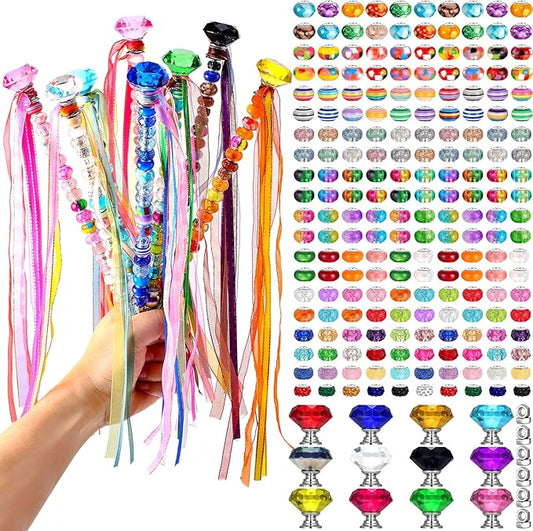 Tigeen 236 Pcs Garden Stake DIY Fairy Wand Plant Stake with 12 Colorful Crystal Stopper Top 12 Threaded Rod with 200 Large Hole Bead for Spring Summer Holiday Outdoor Decorations(Colorful Ribbons)