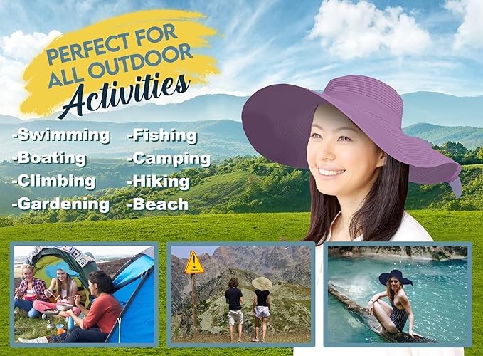 Women's Wide Brim UPF 50+ Straw Sun Hat with Bow - Foldable Packable Summer Beach Hat with Chin Strap
