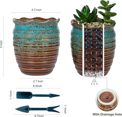 2 Pack Ceramic Plant Pots - Flower Pots with Drainage Hole Classical Old Pile Pots for Outdoor/Indoor Plants, Flowers, Succulents, Cactus (4.5 Inch)