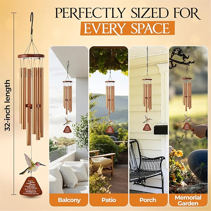 32 Inch Hummingbird Memorial Wind Chimes Outdoor, Sympathy Gifts for Loss of Loved One, Memorial Gifts for Loss of Mom, Sympathy Wind Chimes for Mother, Father, Brother, Sister