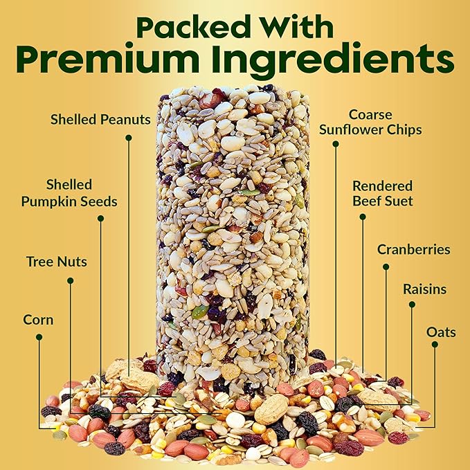 Woodpecker Bird Seed Cylinders with Hole – Premium Woodpecker Food Blend with Sunflower Chips, Peanuts & Suet – Natural High Energy Bird Seed, No Filler, No Shell, No Mess – USA Made (4" x 7.75")