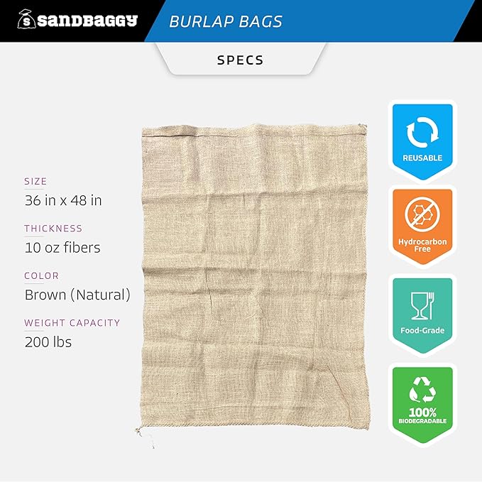Sandbaggy 36" x 48" Extra Large Burlap Bags - Adult Potato Sack Racing, Grow, Plant Covers - Reusable Grocery Bags - Food Grade (5)