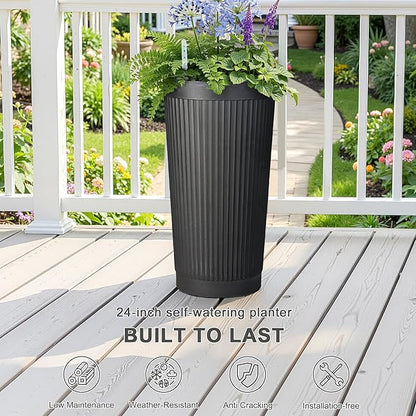 Self Watering Tall Black Planters Outdoor Set of 2, 24” Flower Pots Planters for Outdoor Plants, Modern Plastic Tall Planter for Front Porch, with Drainage Hole (Ribbed)
