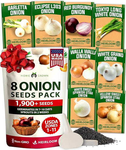 HOME GROWN 8 Onion Seeds for Planting 1,600 Heirloom Vegetable Seeds Grow Sweet, Yellow, Red, Spanish, Green & Vidalia Onions in Outdoor or Indoor Home Garden