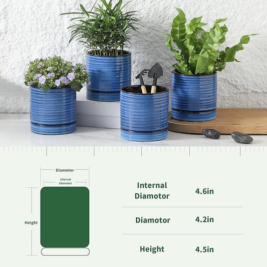 HASENSE Ceramic Plant Pots, 4.6 Inch Succulent Flower Pots for Indoor Plants, Modern Glaze Planter with Drainage Hole and Saucer, Blue Mini Windowsill Tabletop Decor, Set of 4