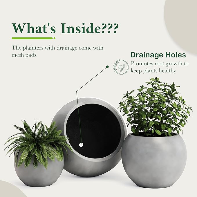 DTY Mount Sherman 16.1'' D x 13.6'' H (Pot Opening 11.8") Fiberstone Round Planter with Drainage Hole, Smooth Finishes, Weather Resistant for Indoor and Outdoor, 2 Extra Coco Mats - Gray, Medium