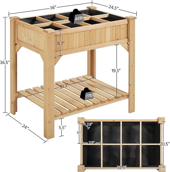 Topeakmart Wood Elevated Herb Garden Planters Vegetable Growing Bed Flower Plant Boxes for Small Spaces with Grow Grid, Fabric Liner, Protective Gloves & Legs