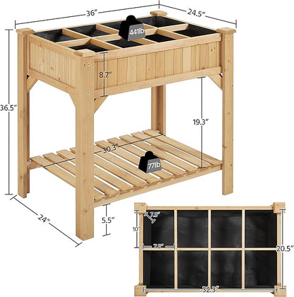 Topeakmart Wood Elevated Herb Garden Planters Vegetable Outdoor Growing Bed Flower Plant Boxes for Small Spaces with Grow Grid, Fabric Liner, Protective Gloves & Legs, 2pcs