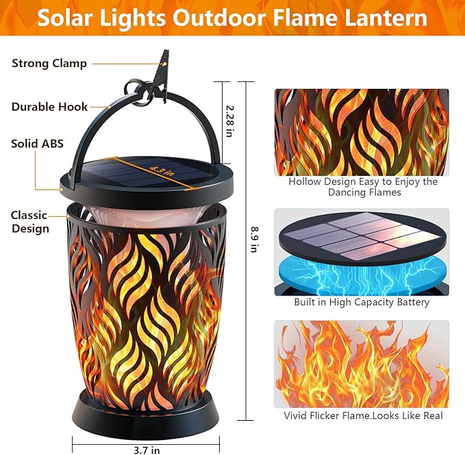 Solar Lanterns Outdoor Waterproof ,2 Pack Flickering Solar Flame Lights Upgraded Hanging Flame Lantern Pathway Torch Light Table Lamp, Auto On/ Off Porch Yard Gifts (1 Lighting Mode)