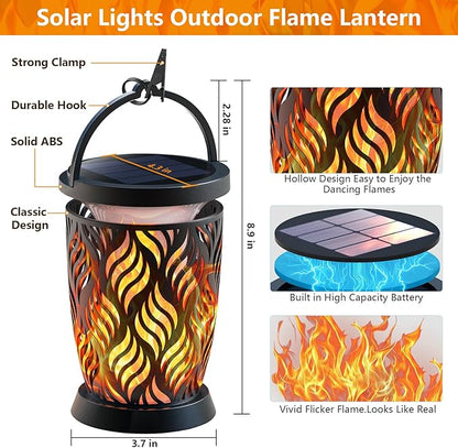 Solar Lanterns Outdoor Waterproof ,2 Pack Flickering Solar Flame Lights Upgraded Hanging Flame Lantern Pathway Torch Light Table Lamp, Auto On/ Off Porch Yard Gifts (1 Lighting Mode)
