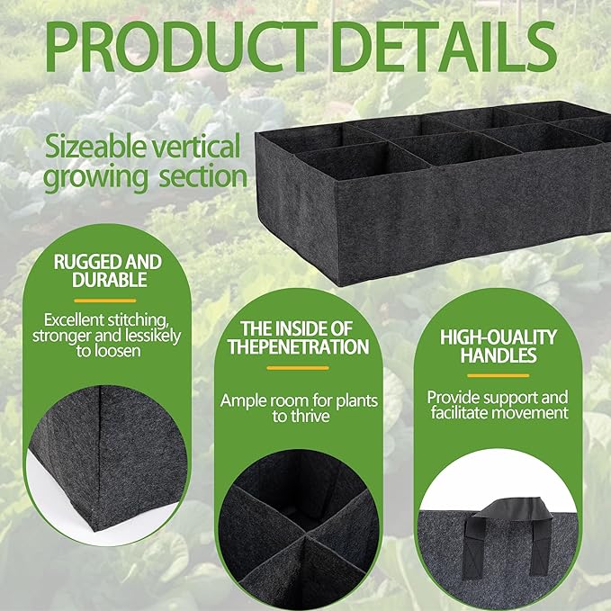8 Grids Fabric Raised Garden Beds, 4x2x1ft Thickened 400G Square Fabric Grow Bags with Handles,Indoor Outdoor Fabric Plant Pots Planter for Vegetables, Herbs, Flowers