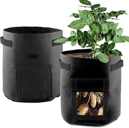 ELEOPTION Plant Grow Bags 7 Gallon 2PCS, Non-Woven Garden Potato Carrot Tomato Vegetable Planting Bag with Handles and Flap, Fabric Pots Heavy Duty Planter Bags (Black)