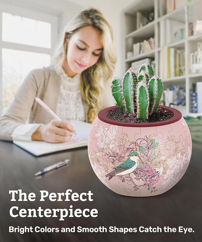 PieceRelax 3D Puzzle Planter - Singing Birds and Flowers - Danish Folklore Style, Home Decor Flower Pots for Indoor Cactus, Succulents Pots [K1100]