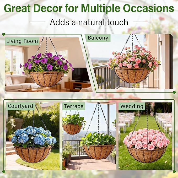 Halatool 4 Pack 16 Inch Coconut Liners for Planters Round Hanging Basket Liners 100% Natural Coco Liner for Flowers Vegetables Herbs