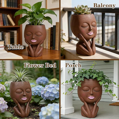 Face Planters Pots Head - Cute Succulents Plants Planters, Plant Pots Indoor with Drainage System, Garden Gifts for Wome, Garden Decorations for Outdoor, Unique Ornaments for Home, Dark