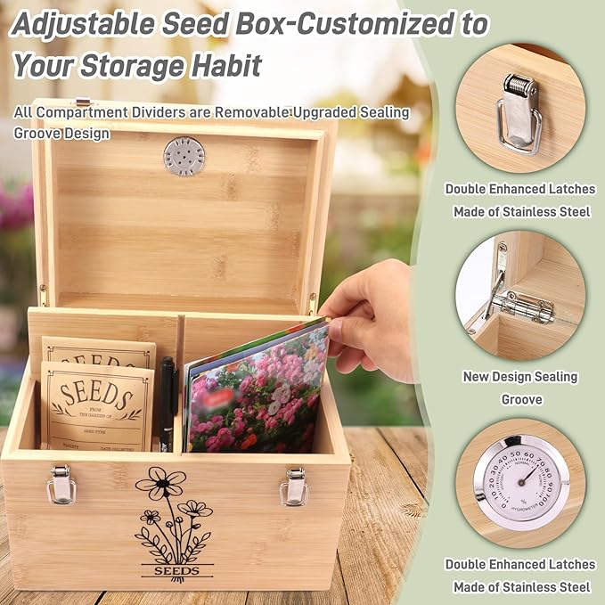 Professional-Designed Bamboo Seed Storage Box with Built-in Hygrometer, Double-Layer Airtight Lid and Safety Lock, Temperature-Stable Wooden Seed Organizer for Preservation, Great Gifts for Gardener