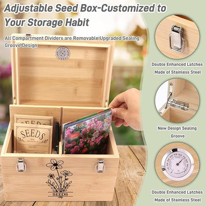 Professional-Designed Bamboo Seed Storage Box with Built-in Hygrometer, Double-Layer Airtight Lid and Safety Lock, Temperature-Stable Wooden Seed Organizer for Preservation, Great Gifts for Gardener