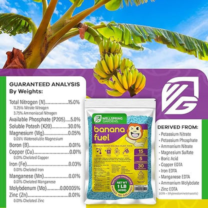 Wellspring Gardens Banana Fuel Fertilizer - Water-Soluble 15-5-30 Blend - Banana Plant Fertilizer - Plant Food - Formula for Banana Trees & Plants - Grow Healthy and Happy Plants (1 Pound)