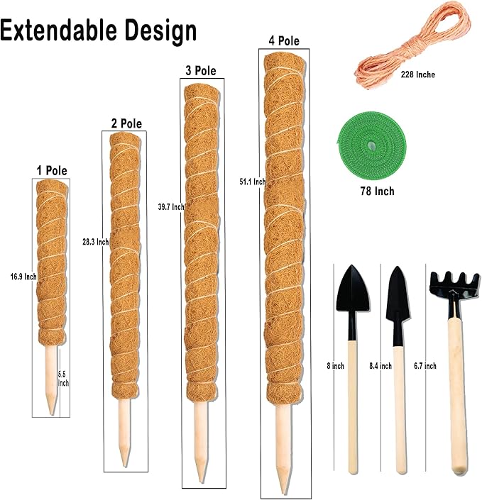 4 Pcs Moss Pole Extending to 51.1 Inches for Plants Monstera, Coco Coir Moss Sticks for Indoor Plants Support Stakes for Climbing Plants Grow Upward with Jute Rope, Tool Set and Hook-Loop Strip