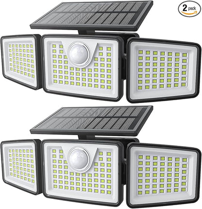 2500LM Solar Lights Outdoor with Motion Sensor,3 Head 270° Wide Angle Street Area Lights, IP65 Waterproof Security Lighting with 3 Modes(Non-Remote,2 Pcs)