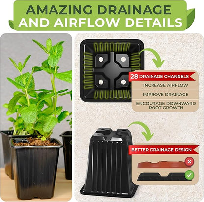 CARPATHEN 60Pack Square Nursery Pots - 3.5 Inch Seedling Plant Pot with Drainage Holes - Reusable Seed Starter Pots for Flowers, Vegetables, Greens - Includes 10 Plastic Reusable Tags