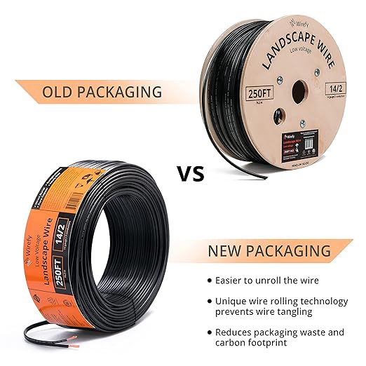 Wirefy 14/2 Low Voltage Landscape Wire 250 ft | Low Voltage Landscape Lighting Wire | Pure Copper | Outdoor Direct Burial | 14-Gauge 2-Conductor 250 Feet | UL Listed