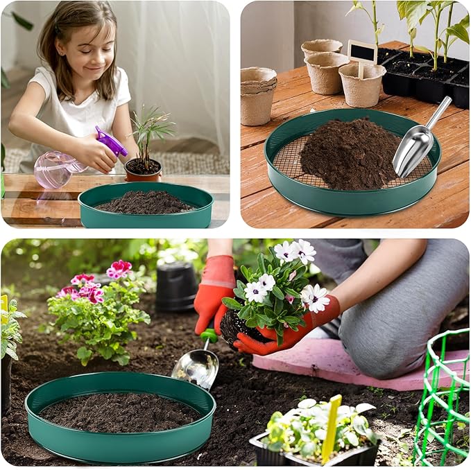 Soil Sifter for Gardening, 12" Green Soil Sifter Potting Sieve with Shovel and 4 Fine Screens for Sand Dirt, Sand, Rock, Filtration, Compost and Bonsai (5 IN1)